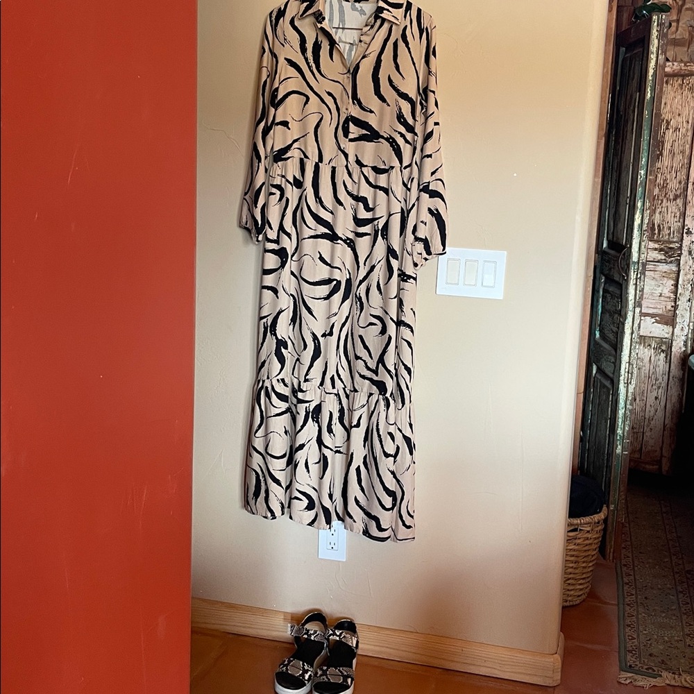 Beige Maxi Long Sleeve Dress with Black Abstract Print